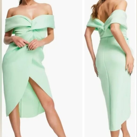 ASOS Dresses & Skirts - Women ASOS Design Off The Shoulder Twist Front Midi Dress in Lime Green Size 4